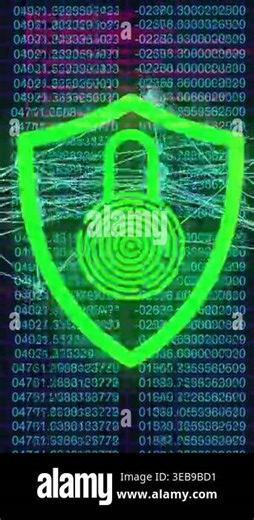 Vertical video: Neon shield padlock staying fixed data shifts causing rings pulsing to show status. Cybersecurity, encryption, network, matrix, digits, nodes, vertical video Stock Video Footage - Alamy