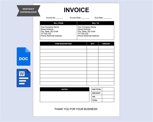 Editable Invoice Template Google Docs Word, Printable PDF A4 US Letter Small Business Billing - Etsy