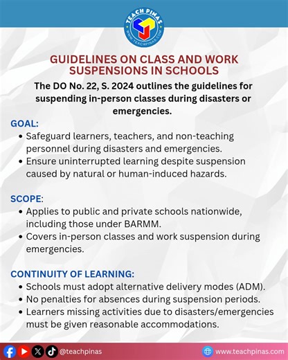 The DO No. 22, S. 2024 outlines the guidelines for suspending in-person classes during disasters or emergencies. | Teach Pinas DepEd Community