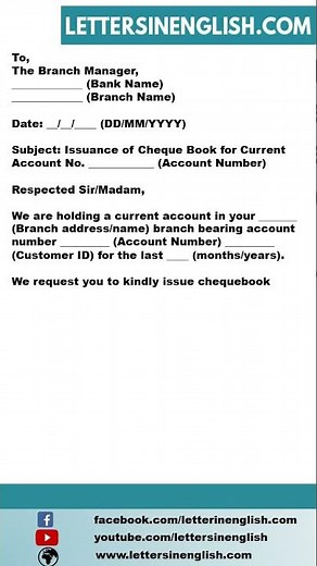 Request Letter for Issuance of New Cheque Book for Current Account