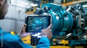 Engineer uses augmented reality to view a 3d turbine engine model on a tablet, showcasing advanced technology in industrial design and maintenance