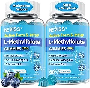 L Methylfolate Gummies & Methyl B12, Active 5-Mthf Methylated Folate 5mg Supplement for Women Men w/Methyl B Complex,Choline,Magesium,Omega-3,Methyl Folate for Methylation,Focus,Mood,Sugar Free,2Pack