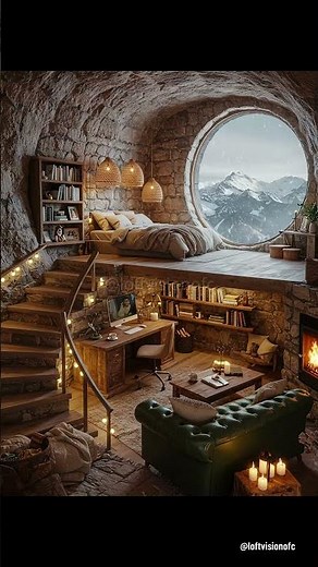 🏔️ Mountain Hideaway Loft Tour: Stone Walls, Snowy Views & Cozy Cabin Nights #MountainLoft