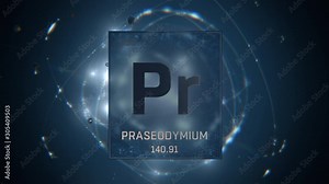 Praseodymium as Element 59 of the Periodic Table. Seamlessly looping 3D animation on blue illuminated atom design background with orbiting electrons. Design shows name, atomic weight and element numbe Stock Video