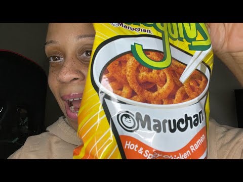 ASMR eating hot and spicy chicken ramen FUNYUNS chips