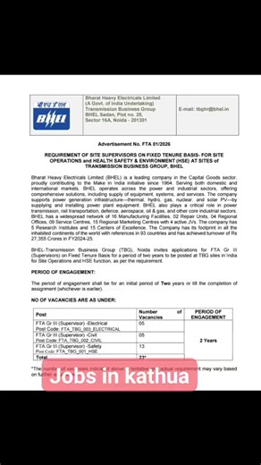 Bharat Heavy Electricals Limited (BHEL) has officially released the BHEL FTA Gr III Supervisor Recruitment 2026 | JOBS In Kathua "Jammu and Kashmir"
