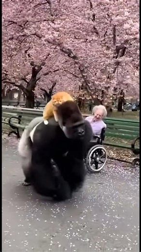 Gorilla Carries Cat On His Back Through The Park #animals #friendship