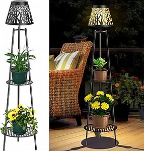 2 Pack Solar Floor Lamps Outdoor with 2-Tier Plant Stand, Metal Tall Planter Holder with Waterproof LED Lantern, Decorative Patio Light & Flower Pot Display Rack for Garden, Deck, Porch, Balcony