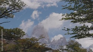a close view of the summit of monte fitz roy framed by the branches of southern beech trees in los glaciares national park of patagonian, argentina