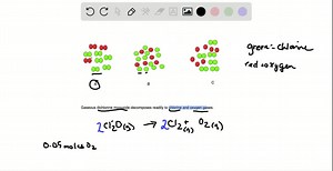 Gaseous dichlorine monoxide decomposes readily to chlorine (green) and oxygen (red) gases. (a) Which scene best depicts the product mixture after the decomposition? (b) Write the balanced equation for the decomposition. (c) If each oxygen atom represents 0.050 mol, how many molecules of dichlorine monoxide were present before the decomposition? | Numerade