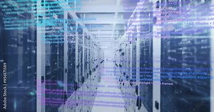 Computer code animation over server racks in data center