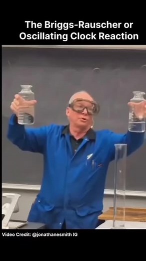 Science | Cosmos | Galaxies on Instagram: "The Briggs-Rauscher reaction is a striking oscillating chemical reaction known for its rhythmic color changes between clear, amber, and deep blue. This reaction involves potassium iodate, hydrogen peroxide, and malonic acid, with manganese sulfate as a catalyst and starch as an indicator. In cycles, iodine is produced and consumed, causing color shifts: clear when iodine forms, amber as it reacts with malonic acid, and deep blue when iodide ions complex