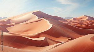 A breathtaking view of rolling sand dunes in the desert. The golden sands stretch as far as the eye can see, with the sun casting long shadows across the landscape.