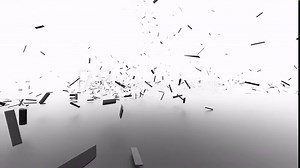 Slow motion with explosive black question mark and a lot of splinters, flying in zero gravity, on bright white background