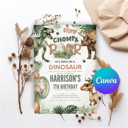 Stomp Chomp Roar Dinosaur Birthday Invitation, Watercolor Jungle Dino Party Invite, Kids Dinosaur Birthday Party, Greenery Dino Theme - Etsy Australia