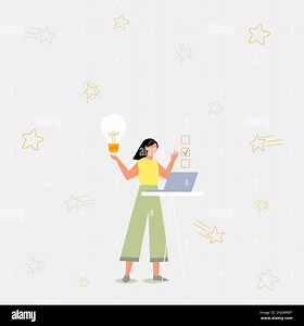 Illustration Of Girl Using Laptop Having New Amazing Ideas And Making Checklist. Lady Drawing Working On Minicomputer Picking Up Old Objective Doing Stock Vector Image & Art - Alamy