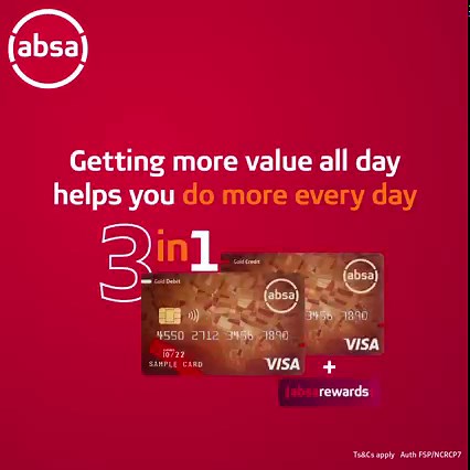 Absa’s 3-in-1 Gold Package gives you a Gold Current Account, no monthly credit card fee, plus FREE Absa Rewards. Transfer your Absa Rewards to your account and use it as real cash. | Absa South Africa