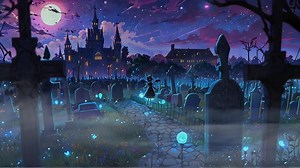 A cobblestone path winds its way through the graveyard, leading towards a grand castle in the background.