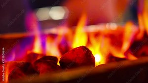 Multicolor fire blazing over barbecue campfire coals shot with a shallow depth of feild