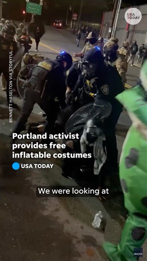 USA TODAY on Instagram: "Brooks Brown’s Operation Inflation brings inflatable costumes to Portland ICE protests, aiming to add whimsy and shift public perception."