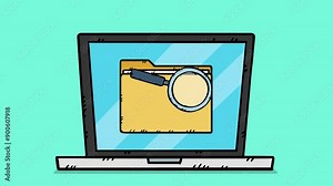 A folder appears on the monitor screen. The folder is viewed through a magnifying glass. When a computer is recognized. The antivirus alarm starts. Hand-drawn animation in a 2D cartoon style. Stock Video