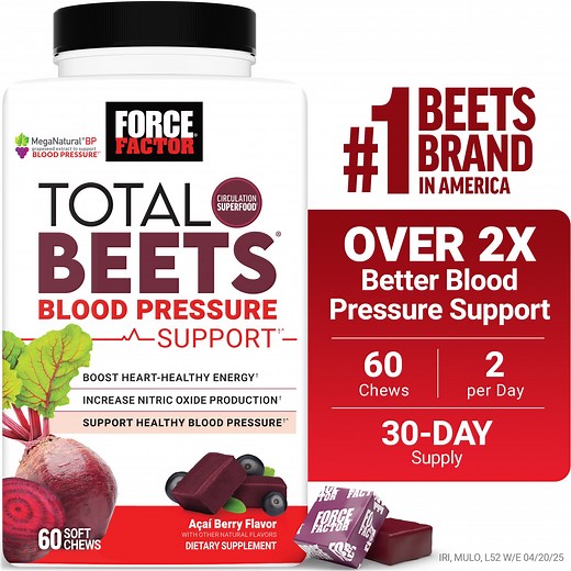 Force Factor Total Beets Blood Pressure Support, Beet Root Supplement for Nitric Oxide, Circulation, Heart Health & Energy, Acai Berry, 60 Soft Chews