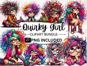 Quirky Girl Clipart Bundle, Whimsical Ephemera (PNG, Commercial Use) - Etsy