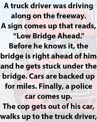 17K views · 46 reactions | A truck driver was driving along on the freeway. A sign comes up that reads, “Low Bridge Ahead.” Before he knows it, the bridge is right ahead of him and he gets stuck under the bridge. Cars are backed up for miles. Finally, a police car comes up. The cop gets out of his car... ⬇️ Story continues in the first comment ⬇️ | Mind At Peace | Facebook