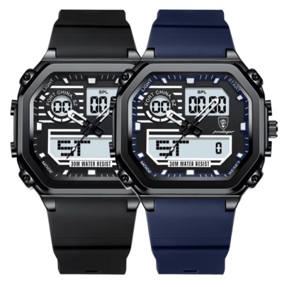 POEDAGAR Men's Electronic Watch With Night Light And Multi-Function Features. Stainless Steel Case, Bar-Shaped Numerals And Digital Dual Display Dial. Blue Silicone Strap. Quartz Watch. Brand New Luxury Business Watch. Wedding Anniversary Gift. Suitable As A Gift For Father's Day, Valentine's Day, Teacher's Day, Birthday, Graduation, Or Back-To-School. Fashion Accessory. For Daily Wear. | SHEIN