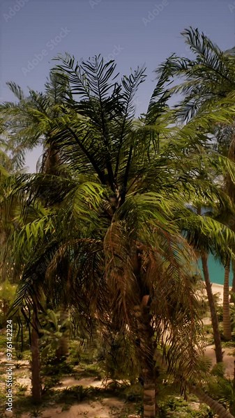 A tall palm tree stands on a sandy beach near the ocean, with waves gently lapping the shore.