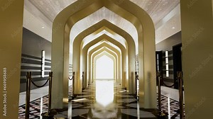 3d animation over golden arc door leading to shining door