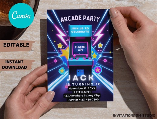 Arcade Birthday Invitation: Neon Game Party, Editable Canva Template (PDF Print & Digital Download 5x7" ) - Etsy