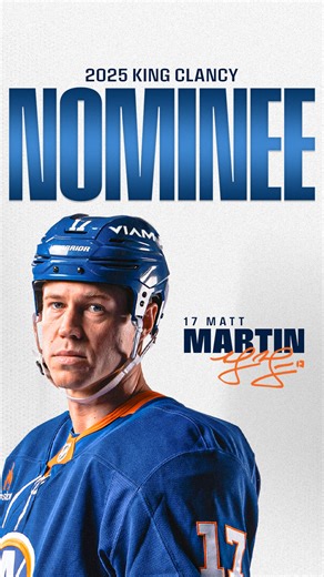 Matt Martin is the #Isles nominee for the 2024-25 King Clancy Memorial Trophy! 👏 The award is awarded annually to the player who best exemplifies leadership qualities on and off the ice and has made a noteworthy humanitarian contribution in his community. Read more: https://bit.ly/3Gd1nt1 | New York Islanders