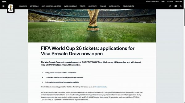 FIFA 2026 World Cup presale ticket draw now open