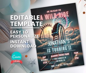 Roller Coaster Invite for Amusement Park Birthday Party Invitation, Theme Park Birthday Flyer, Teen Amusement Park Party, Template Download - Etsy