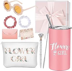 Sieral 9 Pcs Flower Girl Proposal Gifts Set Personalized Flower Girl Tumbler with Straw Bride Gift Box Canvas Bag Sunglasses Hair Ring Diamond Pen Envelope for Wedding(Pink,Cute)