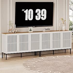 BVIUNTWO Farmhouse TV Stand for 100 Inch TVs, 2-in-1 Entertainment Center with Storage Cabinets & Metal Base, Antique White Media Console for Living Room