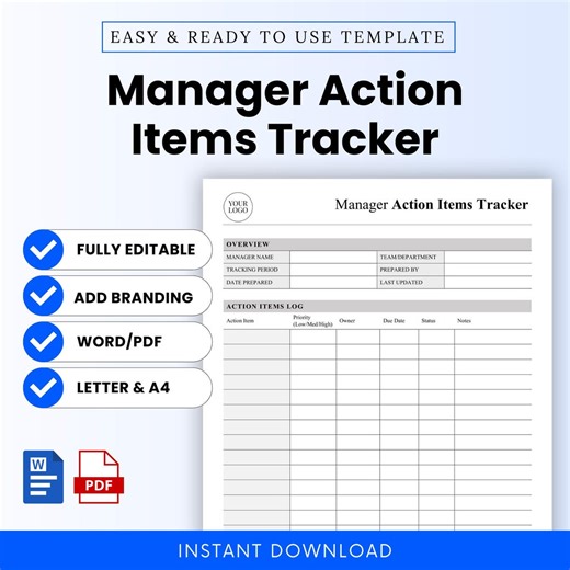 Manager Action Items Tracker Template – Word & PDF, A4 + US Letter - Etsy
