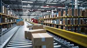 Automated Logistics Hub: Parcels glide through a vast, modern warehouse, showcasing the efficiency of automated delivery systems.