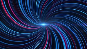 Colorful twisted shapes in rotating motion, seamless loop. Animation. Bending beams around glowing central point on black background.