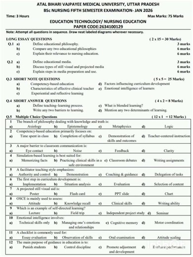 education technology /nursing education question paper -2026 batch (2023) #abvmubscnursing