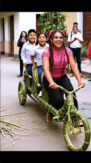 “Lulu finishes her bamboo cart… and pedals off with the kids! 😳🚲🎋” #viral #humor