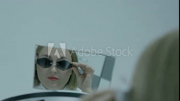 Woman tries on sunglasses, looking at her reflection in a handheld mirror