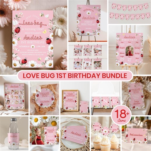 Love Bug Birthday Bundle, Lady Bug Birthday Party Decor, Pink Daisy Bee Girl 1st Birthday Set, Editable Template. L009 - Etsy