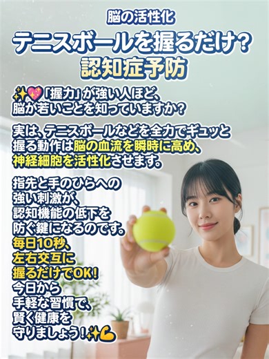 ✨【脳の活性化】テニスボールを握るだけ？ 認知症予防 🧠 音楽 : MusMus / Music provided by MusMus 映像効果 : Designed by PoweredTemplate #認知症予防 #脳の活性化 #健康習慣 #テニスボール #握力 #物忘れ防止 #健康雑学 #手軽な習慣 #健康 #老化防止