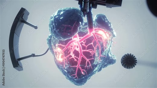 The process of 3D bioprinting a heart organoid, a microscope view shows the growth of neon vessels.