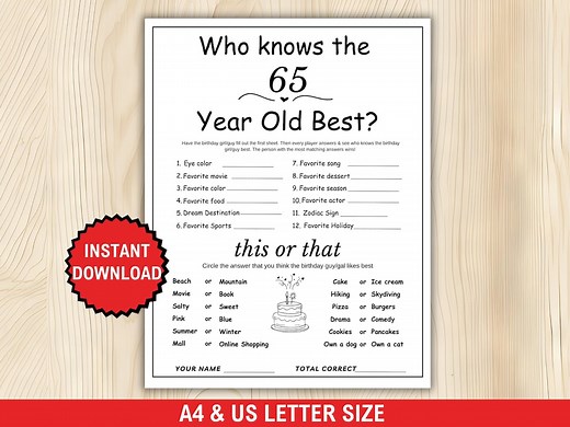 Who Knows the 65 Year Old Best Game, 65th Birthday Game, Printable, 65th Birthday Party Activity, 65th Birthday Trivia Game, 65th Party Game - Etsy
