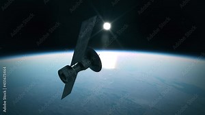 Rusty old Satellite spinning out of control and falling down from space into Earth. Big chunk of space debris rotating in orbit around Earth.
