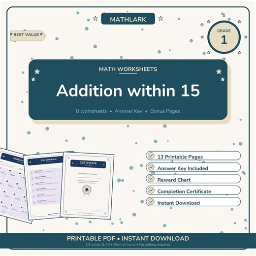 Addition Within 15 — Printable Math Worksheets | Grade 1 | Answer Key & Reward Chart - Etsy