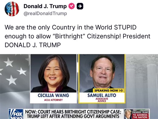 今天（2026年4月1日），美国最高法院就 "川普诉芭芭拉案"（Trump v. Barbara） 进行了历史性的口头辩论，讨论了试图终止“出生公民权”（Birthright Citizenship）的总统令是否违宪的问题。此案在以前的联邦法院叫 Barbara v. Trump案，由于川普输了官司，向最高法院上诉，案件名字于是反转为Trump v. Barbara。Barbara并非真实姓名，而是该案原告使用的法律化名，她是一名来自洪都拉斯的移民，目前居住在新罕布什尔州。 她于2024年与丈夫及三个孩子为了躲避洪都拉斯黑帮（据报道为 Mara 18）的暴力威胁而逃往美国，并提交了政治庇护申请。2025年2月，芭芭拉发现自己怀孕。而此时川普政府刚刚签署行政令，宣布不再承认非公民或非永久居民在美所生子女的公民权。同年10月，芭芭拉的小女儿出生，随即成为该行政令影响下的代表性受害者。帮助弱势群体打官司的美国公民自由联盟（ACLU）代表芭芭拉和所有受害者发起集体诉讼，代表了成千上万面临类似境遇、即将在美国领土出生但可能被拒绝授予公民身份的婴儿及其家庭，其华人法律总监 Cecillia Wan